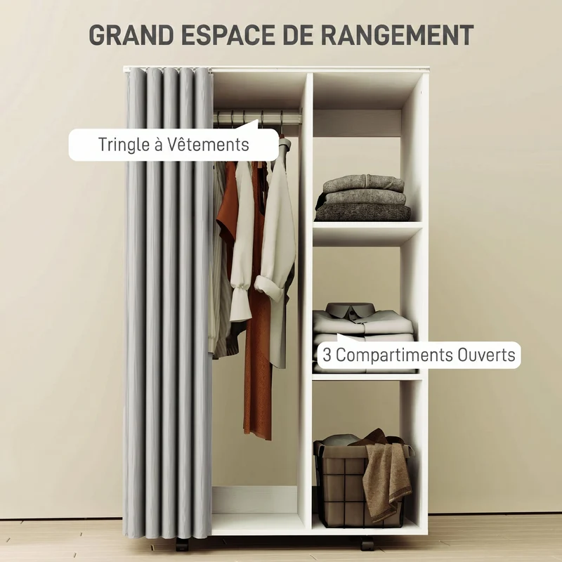 Armoire penderie 80 x 40 x 128 cm rideau protecteur roulettes pratiques moderne salon en panneau de particules blanc 21_0001652