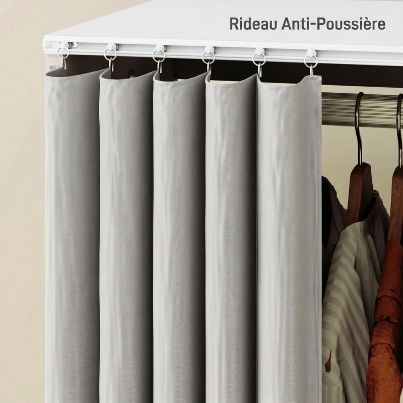 Armoire penderie 80 x 40 x 128 cm rideau protecteur roulettes pratiques moderne salon en panneau de particules blanc 21_0001652