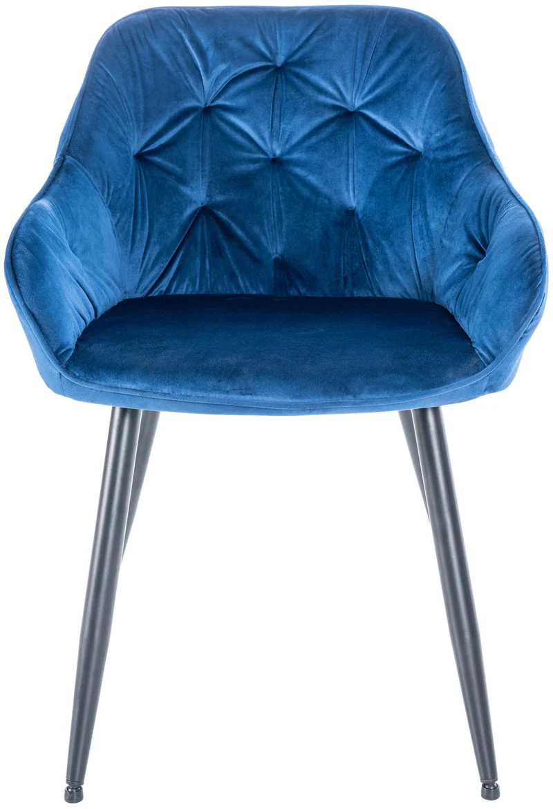 Chaise de salle à manger retro assise capitonnné en velours bleu et pieds en métal noir 10_0005490