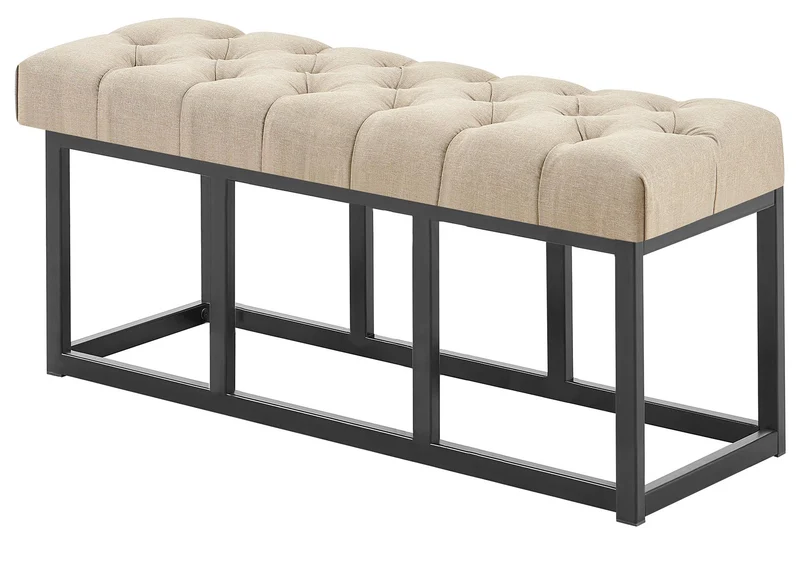 Banc capitonné rembourré 100 cm tissu taupe avec structure métal noir design contemporain 10_0008520