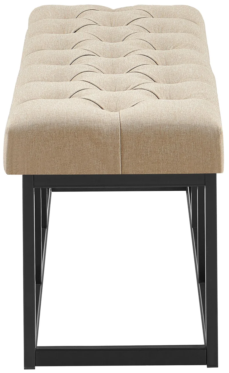 Banc capitonné rembourré 100 cm tissu taupe avec structure métal noir design contemporain 10_0008520