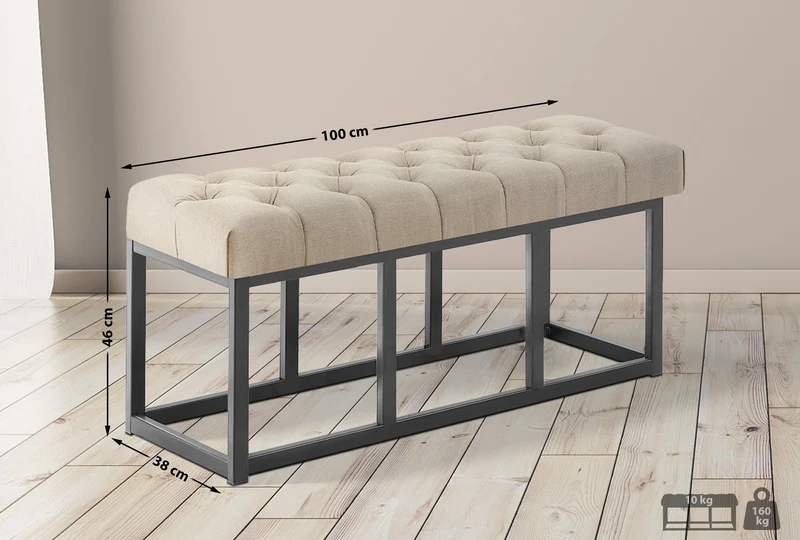 Banc capitonné rembourré 100 cm tissu taupe avec structure métal noir design contemporain 10_0008520