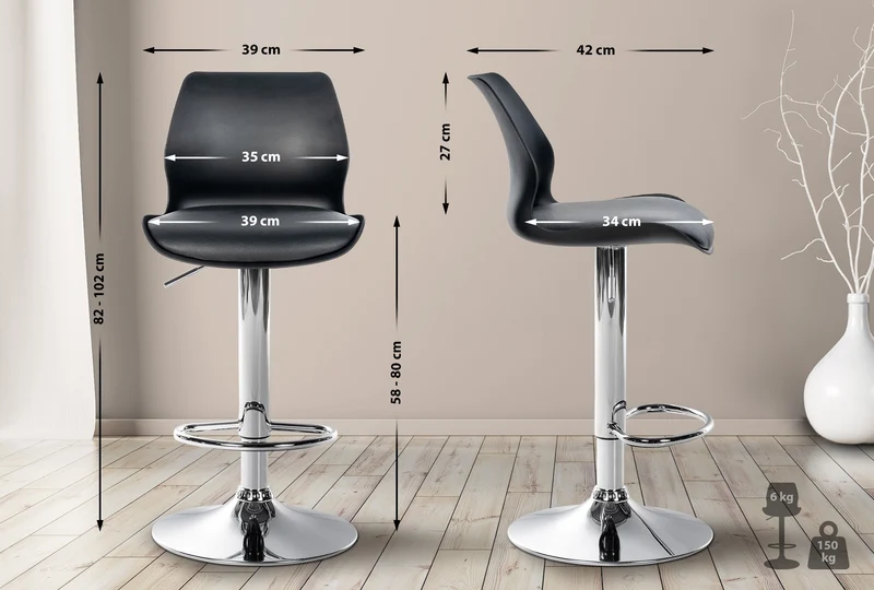Tabouret de bar x1 avec repose-pieds hauteur réglable pivotant en PVC noir et métal 10_0004904