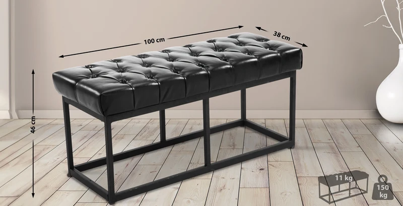 Banquette banc capitonné rembourré 100 cm avec pieds en métal noir PVC noir 10_0003629