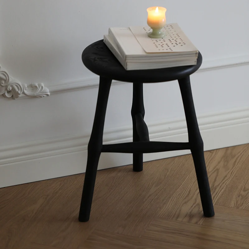 Traditional Japanese Solid Ash Wood Round Stool For Living Room