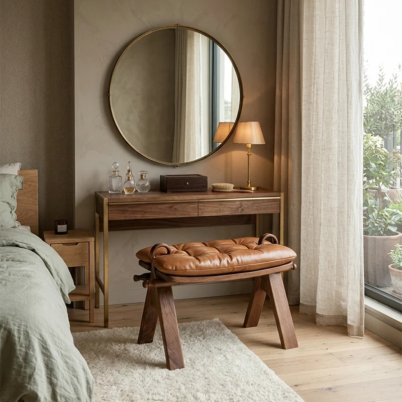 Contemporary Retro Top Grain Leather Curved Rectangular Low Stool With Solid Wood Base For Bedroom & Living Room