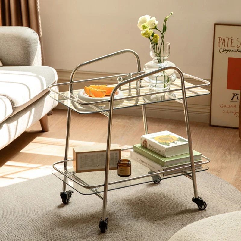 Contemporary Industrial Tempered Glass Stainless Steel Trapezoidal Movable End Table 2-Layer For Living Room