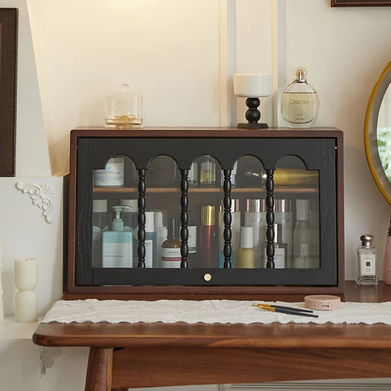 Traditional French Trapezoidal Ash Wood Glass Flip Cover Design Desk Storage Cabinet 2-Layer For Bedroom