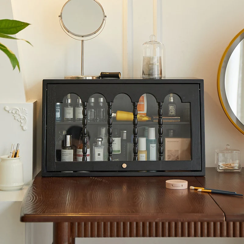 Traditional French Trapezoidal Ash Wood Glass Flip Cover Design Desk Storage Cabinet 2-Layer For Bedroom