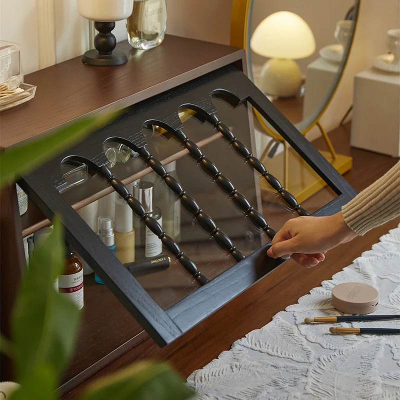 Traditional French Trapezoidal Ash Wood Glass Flip Cover Design Desk Storage Cabinet 2-Layer For Bedroom