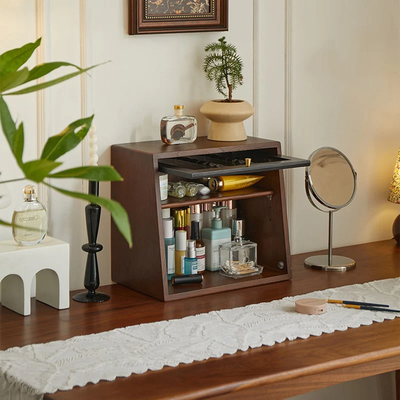 Traditional French Trapezoidal Ash Wood Glass Flip Cover Design Desk Storage Cabinet 2-Layer For Bedroom