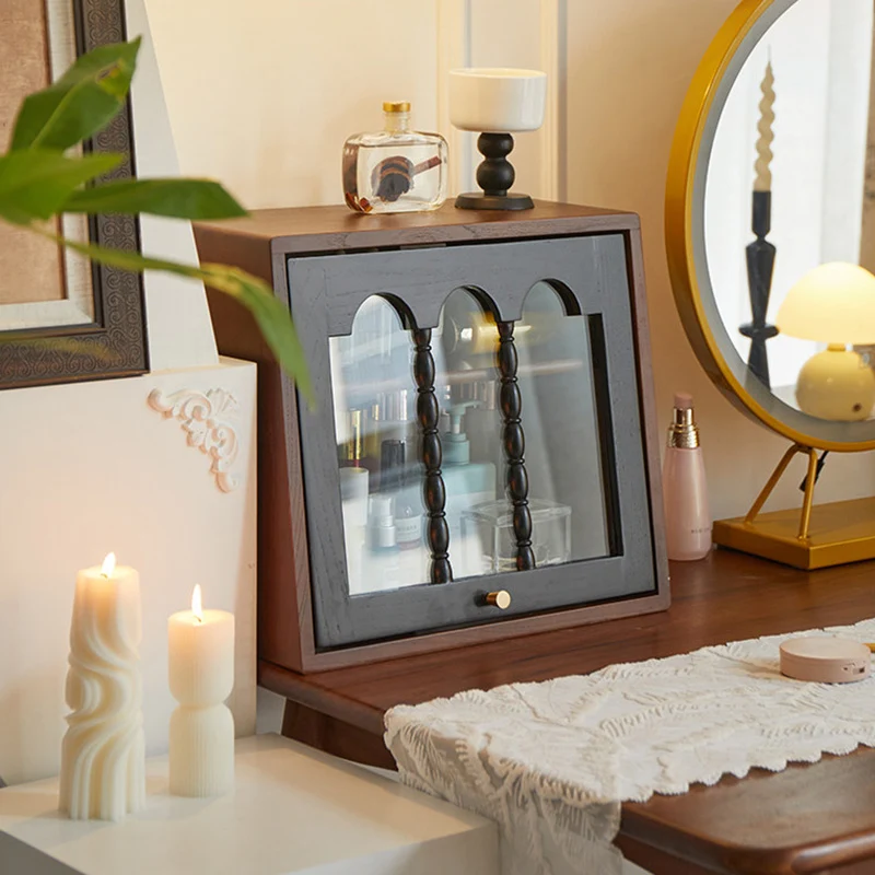 Traditional French Trapezoidal Ash Wood Glass Flip Cover Design Desk Storage Cabinet 2-Layer For Bedroom