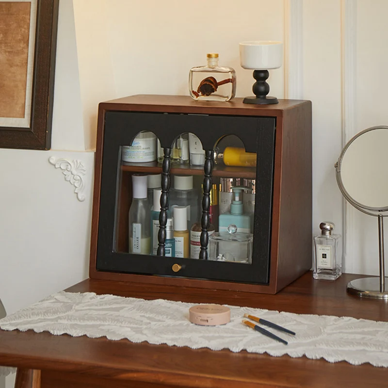 Traditional French Trapezoidal Ash Wood Glass Flip Cover Design Desk Storage Cabinet 2-Layer For Bedroom