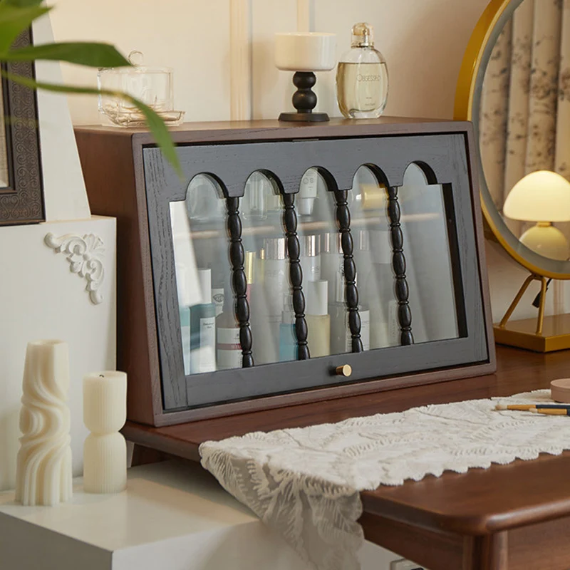 Traditional French Trapezoidal Ash Wood Glass Flip Cover Design Desk Storage Cabinet 2-Layer For Bedroom