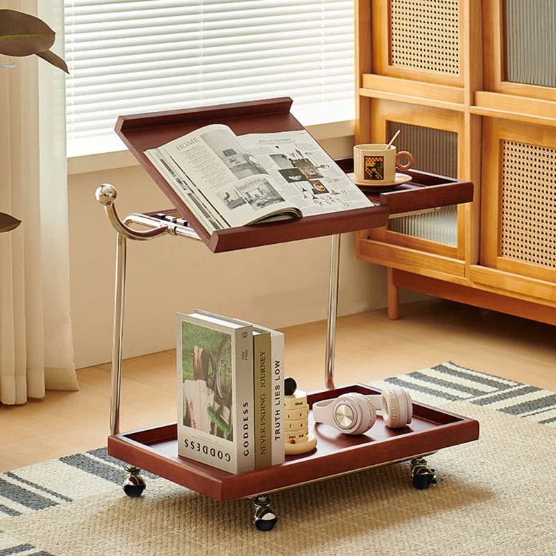 Contemporary Retro Rectangular Rubberwood Iron Movable Adjustable End Table 2-Tier For Living Room