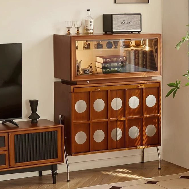 Contemporary Retro Rubberwood Solid Wood Plywood Glass Stainless Steel Rectangular Storage Cabinet 2-Tier For Living Room