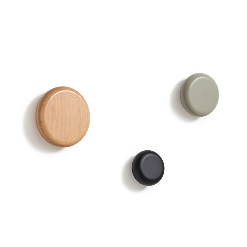 Nadue set of 3 solid beech wood wall hooks with natural, grey, and black finishes