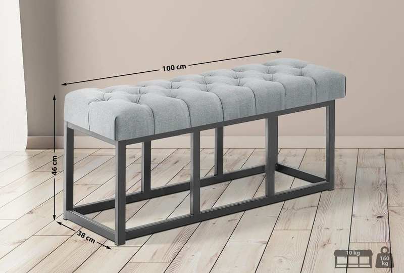 Banc capitonné rembourré 100 cm tissu gris avec structure en métal noir design contemporain 10_0008731