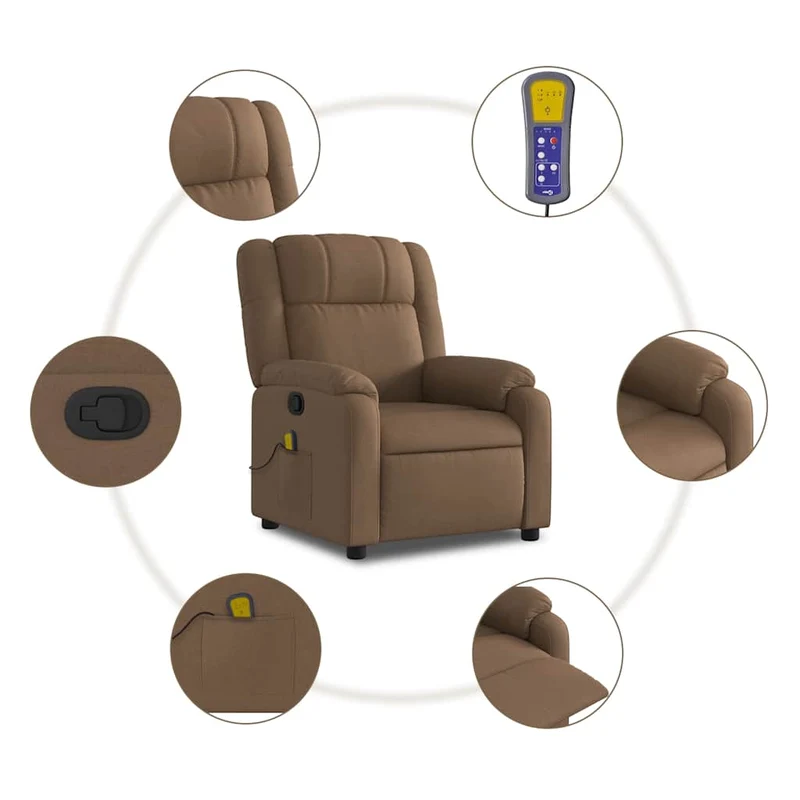 Fauteuil de relaxation TV fonction massage inclinable 6 points de massage en tissu marron DEC027020