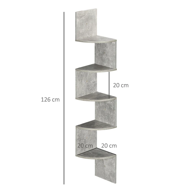 Étagère d'angle zigzag rangement 20 x 20 x 126 cm gain de place 5 niveaux moderne salon en panneaux de particule gris 21_0001218