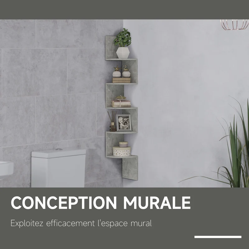 Étagère d'angle zigzag rangement 20 x 20 x 126 cm gain de place 5 niveaux moderne salon en panneaux de particule gris 21_0001218