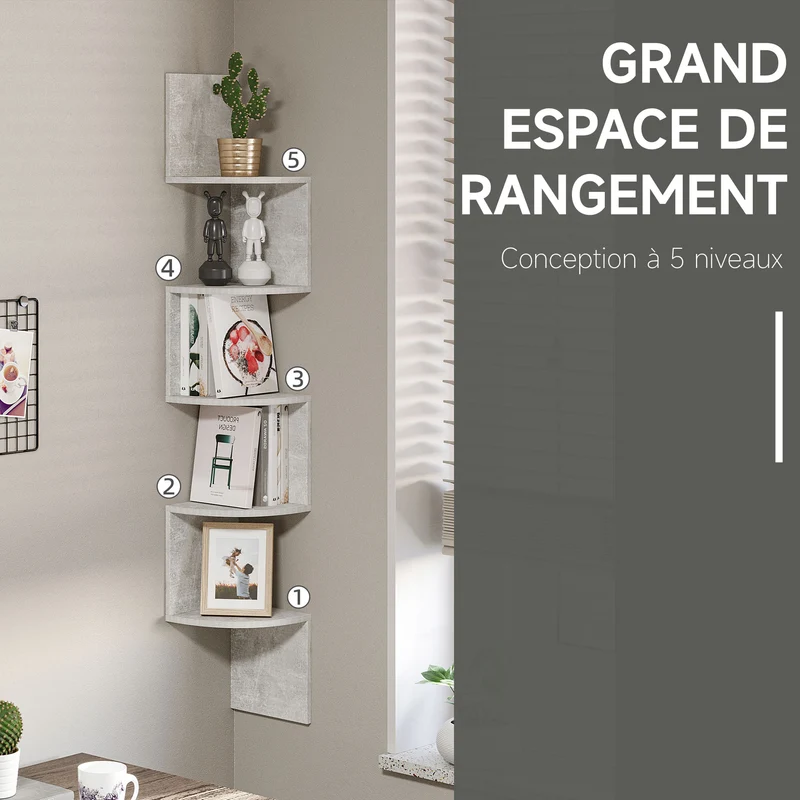 Étagère d'angle zigzag rangement 20 x 20 x 126 cm gain de place 5 niveaux moderne salon en panneaux de particule gris 21_0001218