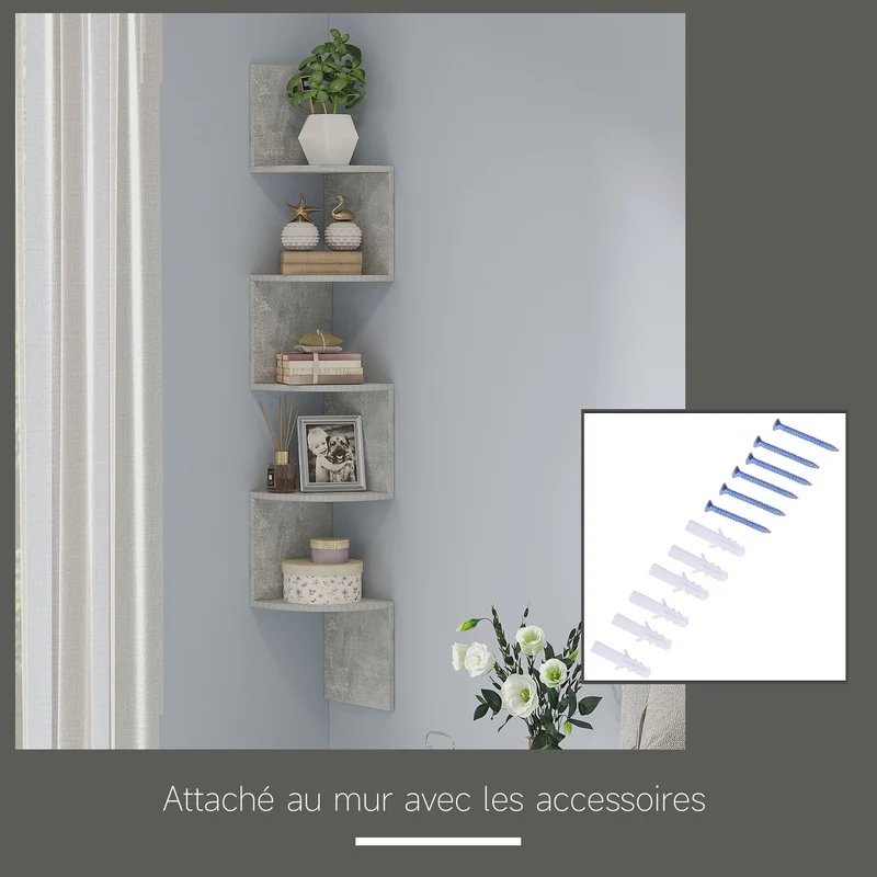Étagère d'angle zigzag rangement 20 x 20 x 126 cm gain de place 5 niveaux moderne salon en panneaux de particule gris 21_0001218