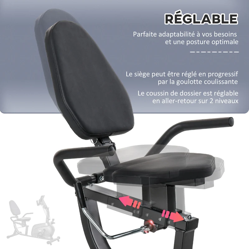 Vélo semi-allongé rééducation remise en forme 125 x 63 x 100 cm siège réglable silencieux contemporain en acier noir 21_0006700