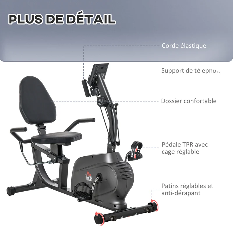 Vélo semi-allongé rééducation remise en forme 125 x 63 x 100 cm siège réglable silencieux contemporain en acier noir 21_0006700