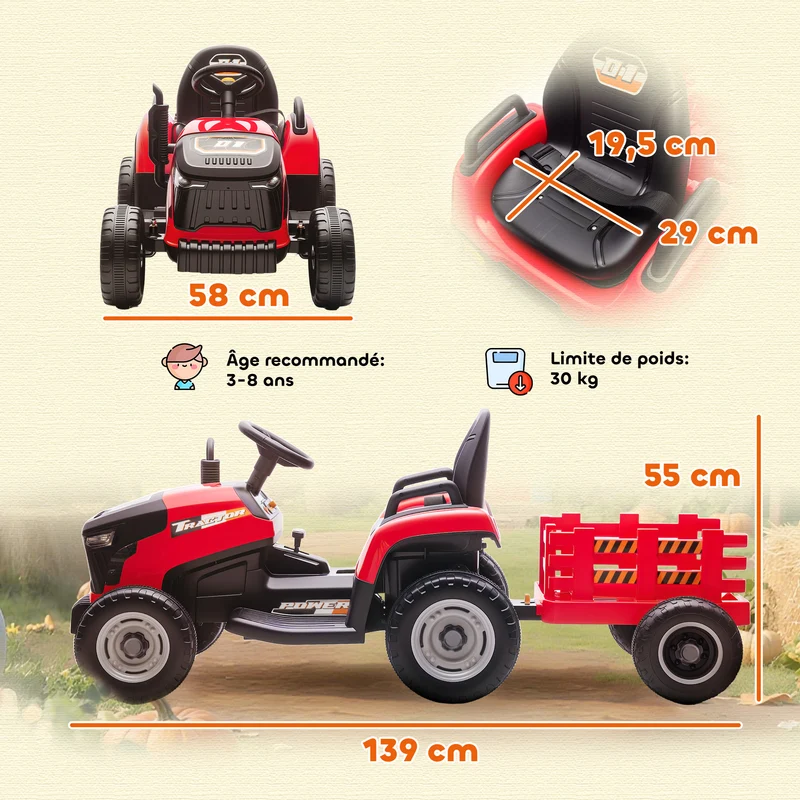 Tracteur électrique enfants 139 x 58 x 55 cm remorque amovible télécommande sécurité jardin design tendance en PP rouge 21_0000612