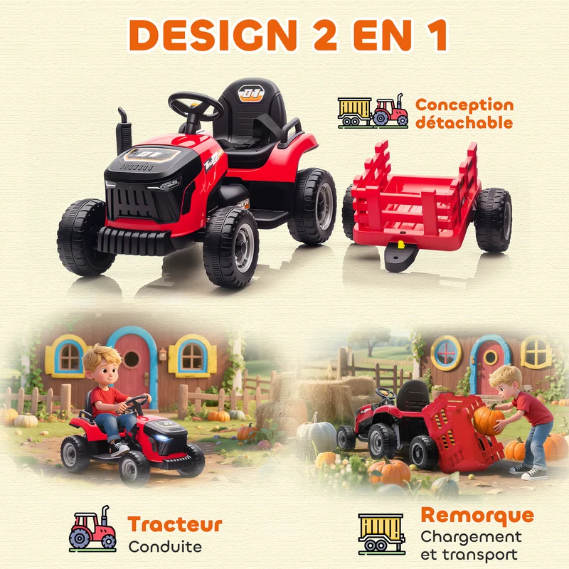 Tracteur électrique enfants 139 x 58 x 55 cm remorque amovible télécommande sécurité jardin design tendance en PP rouge 21_0000612