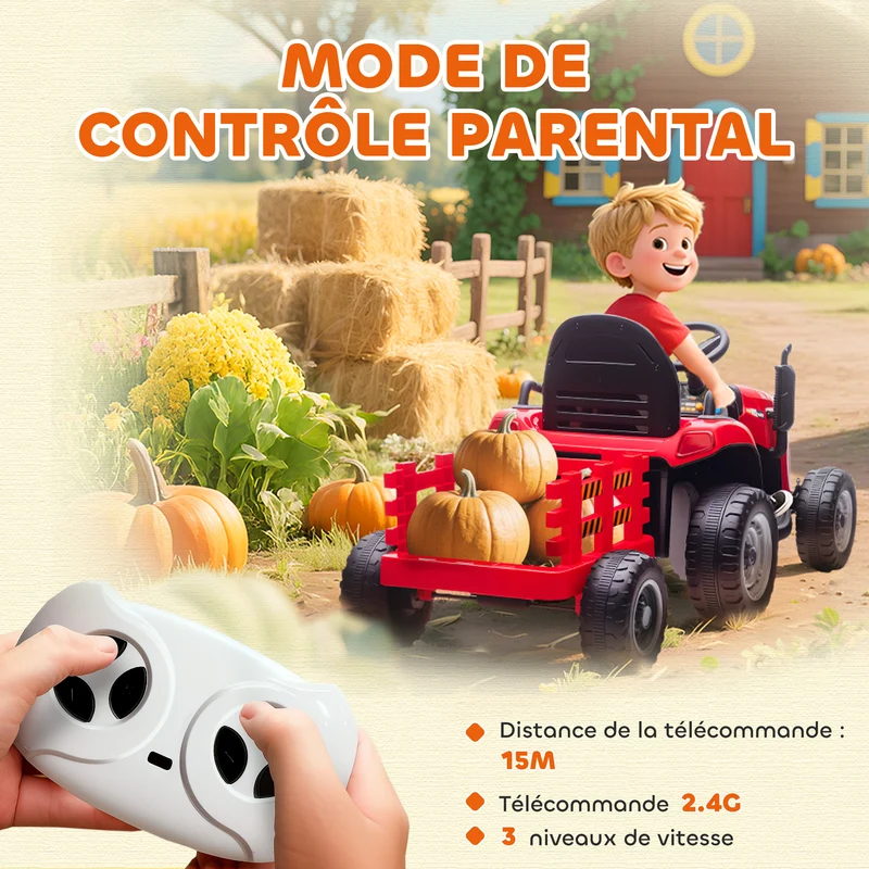 Tracteur électrique enfants 139 x 58 x 55 cm remorque amovible télécommande sécurité jardin design tendance en PP rouge 21_0000612