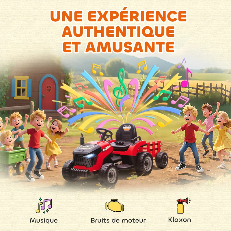 Tracteur électrique enfants 139 x 58 x 55 cm remorque amovible télécommande sécurité jardin design tendance en PP rouge 21_0000612