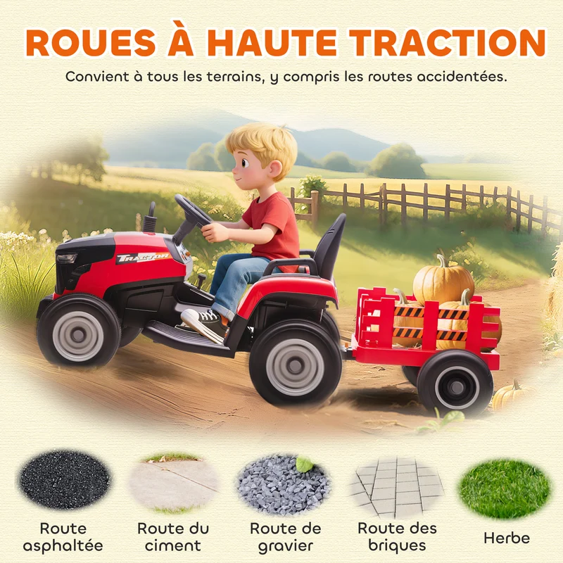 Tracteur électrique enfants 139 x 58 x 55 cm remorque amovible télécommande sécurité jardin design tendance en PP rouge 21_0000612
