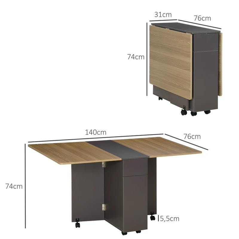 Table de salle à manger pliante 140 x 76 x 74 cm rangements 2 tiroirs 1 placard moderne en panneau de particules gris 21_0002267