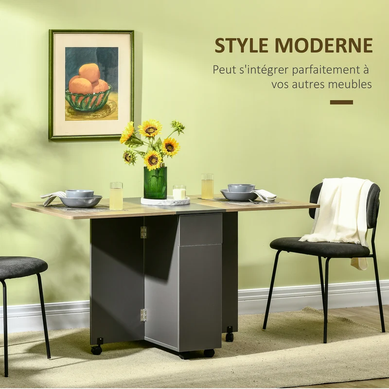 Table de salle à manger pliante 140 x 76 x 74 cm rangements 2 tiroirs 1 placard moderne en panneau de particules gris 21_0002267