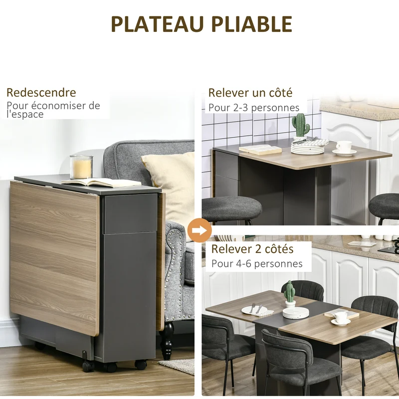 Table de salle à manger pliante 140 x 76 x 74 cm rangements 2 tiroirs 1 placard moderne en panneau de particules gris 21_0002267