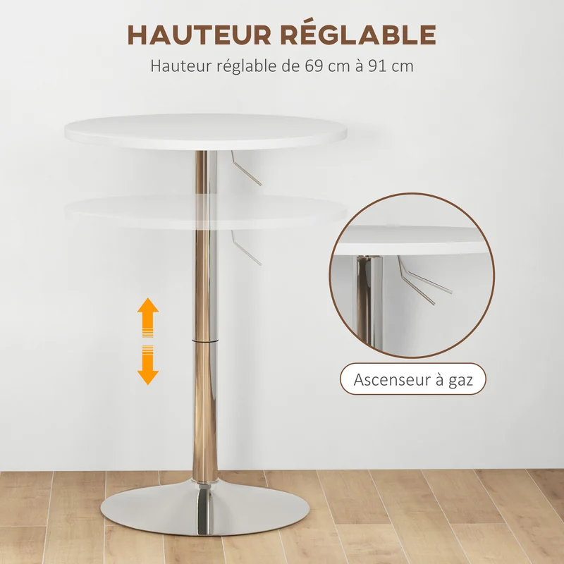 Table de bar ronde 60 x 60 x 69-91 cm hauteur réglable plateau pivotant 360° compact contemporain moderne en MDF blanc 21_0003223