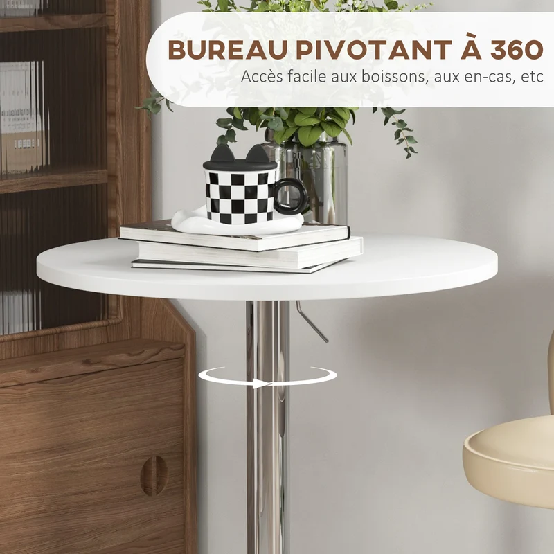 Table de bar ronde 60 x 60 x 69-91 cm hauteur réglable plateau pivotant 360° compact contemporain moderne en MDF blanc 21_0003223