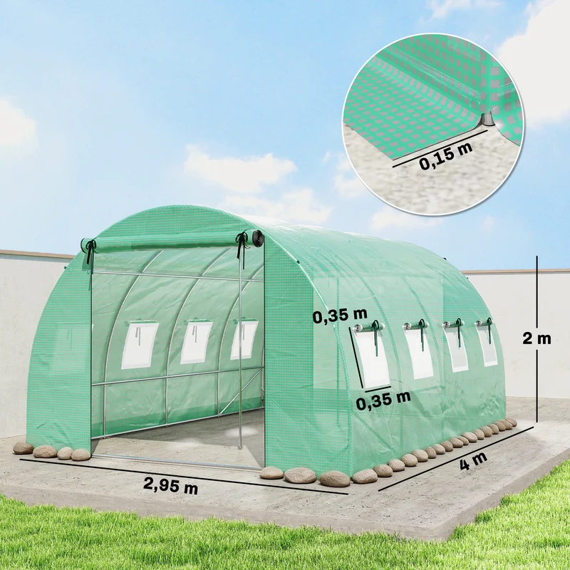 Serre tunnel de jardin 295 x 400 x 200 cm protection uv ventilation croisée haubanage style contemporain en pe vert 21_0005611