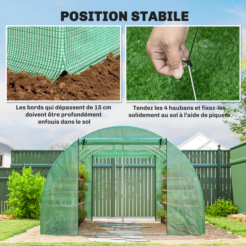 Serre tunnel de jardin 295 x 400 x 200 cm protection uv ventilation croisée haubanage style contemporain en pe vert 21_0005611