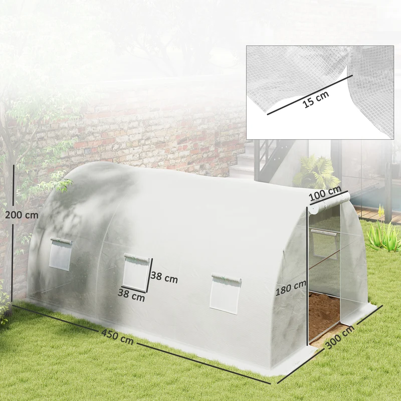 Serre de jardin tunnel 450 x 300 x 200 cm protection plantes anti uv porte zippée style contemporain épuré en pe blanc 21_0004248