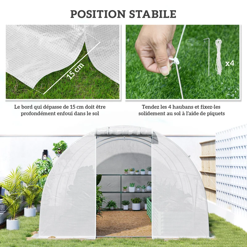 Serre de jardin tunnel 450 x 300 x 200 cm protection plantes anti uv porte zippée style contemporain épuré en pe blanc 21_0004248