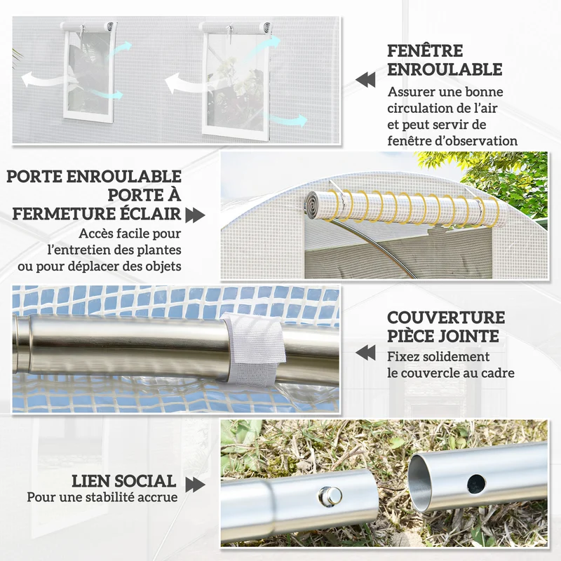 Serre de jardin tunnel 450 x 300 x 200 cm protection plantes anti uv porte zippée style contemporain épuré en pe blanc 21_0004248