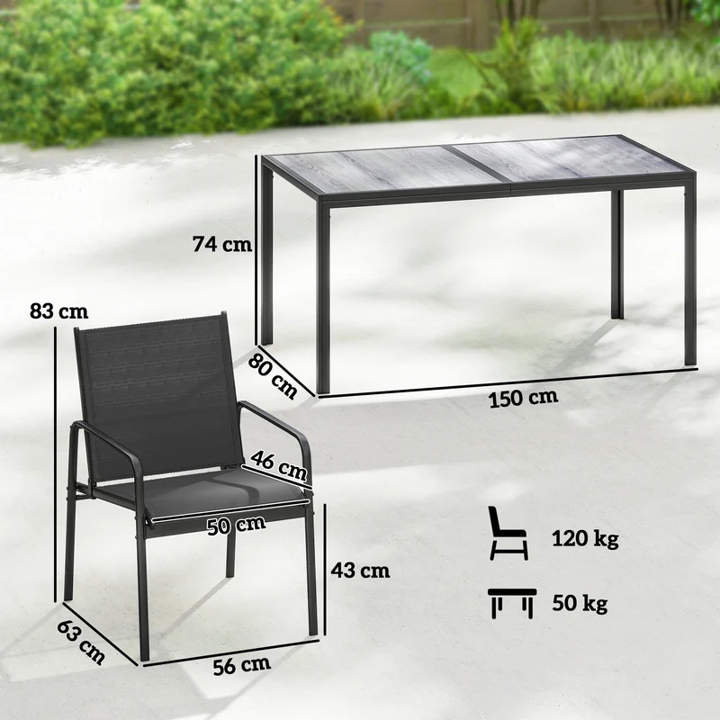 Salon de jardin rectangulaire 150 x 80 x 74 cm 6 places assise aérée style moderne extérieur en acier galvanisé noir 21_0005354