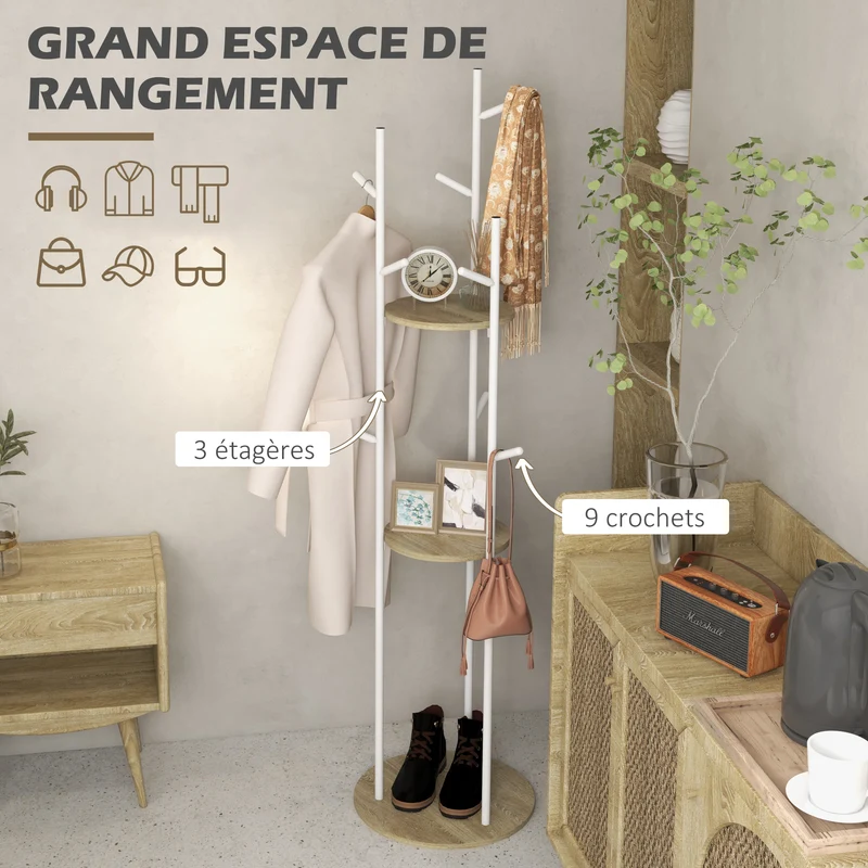 Porte-manteaux sur pied meuble d'entrée 40 x 167 cm 9 crochets 2 étagères gain de place design scandinave en acier blanc 21_0002669