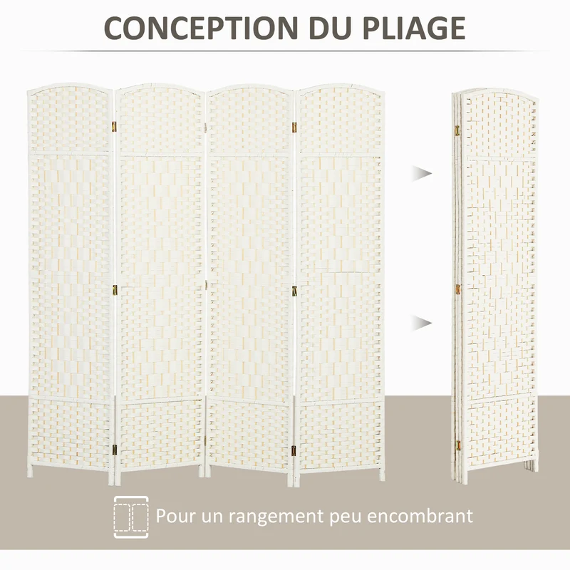 Paravent 4 panneaux séparateur de pièce 180 x 1,7 x 180 cm pliable léger salon scandinave épuré en polypropylène blanc 21_0001340