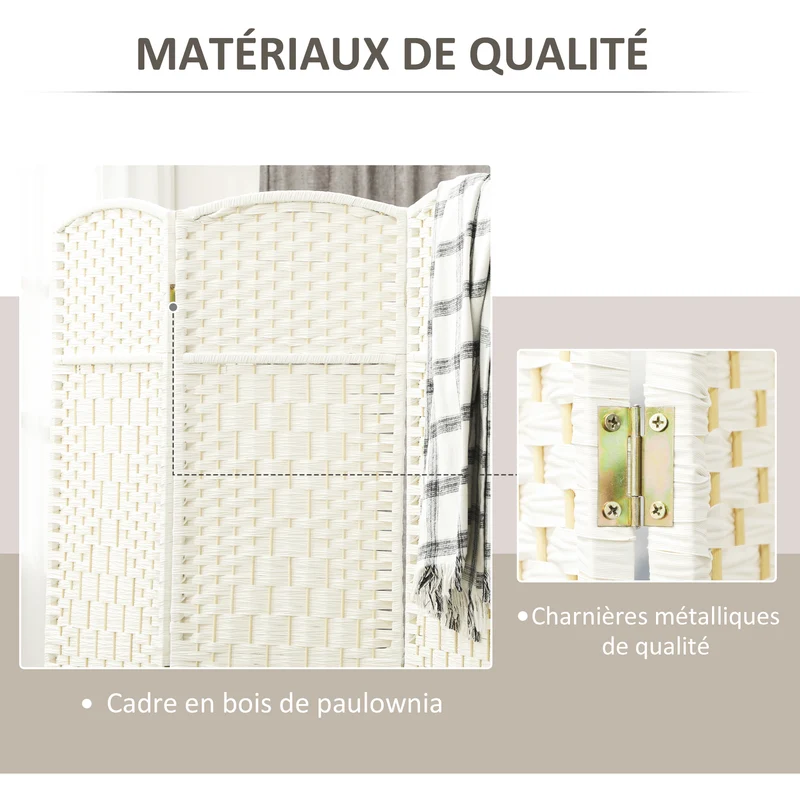 Paravent 4 panneaux séparateur de pièce 180 x 1,7 x 180 cm pliable léger salon scandinave épuré en polypropylène blanc 21_0001340
