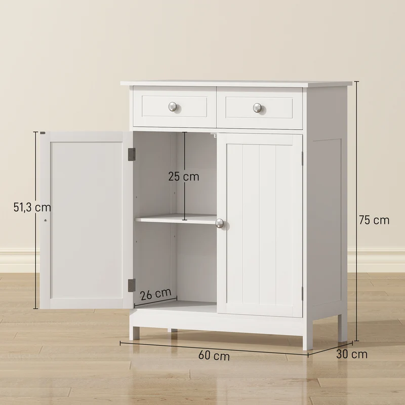 Meuble de salle de bain 60 x 30 x 75 cm 2 tiroirs placard étagère réglable anti basculement style épuré en MDF blanc 21_0001877
