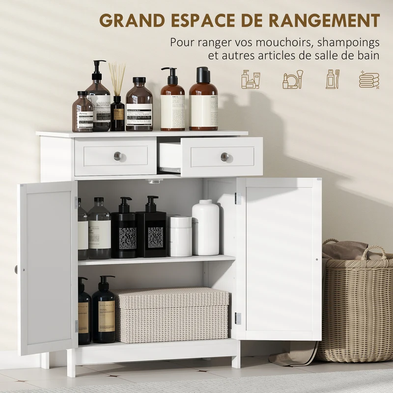 Meuble de salle de bain 60 x 30 x 75 cm 2 tiroirs placard étagère réglable anti basculement style épuré en MDF blanc 21_0001877